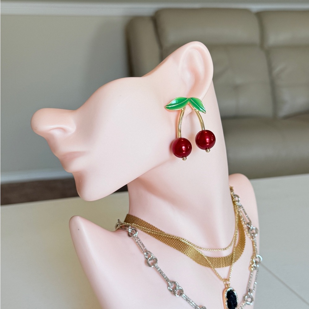 Gold Cherry Drop Earrings with Green Leaves - Women Jewelry